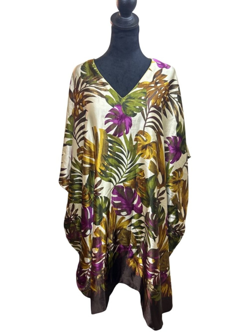 Ashro Purple Gold Tropical Floral Caftan V Neck Lounge ResortWear Cover Up